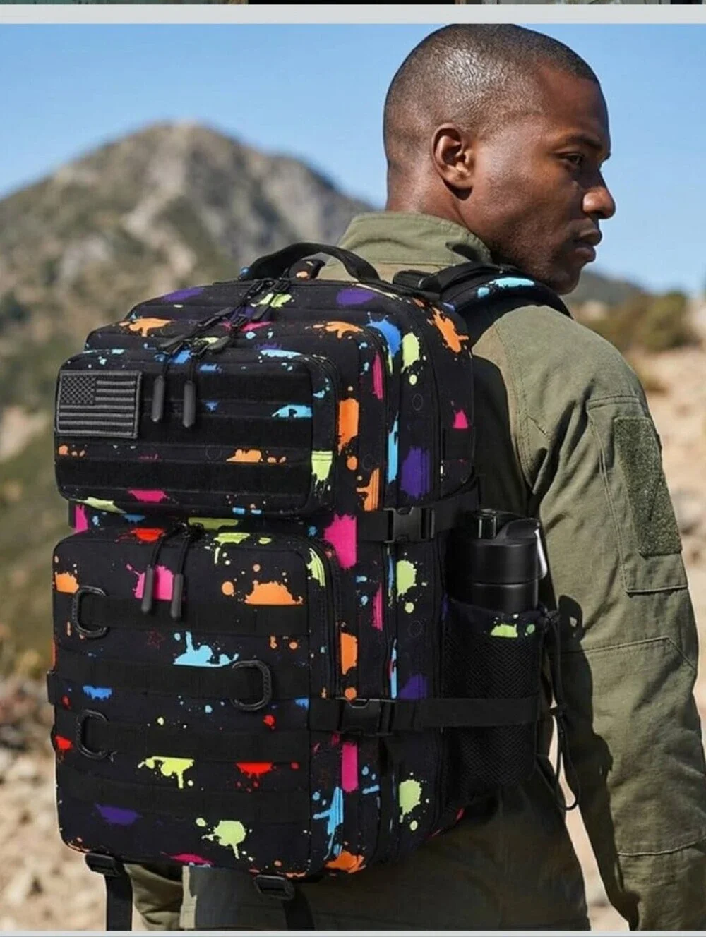 Tactical Backpack for Men - Black with Multicolor Paint Splatter